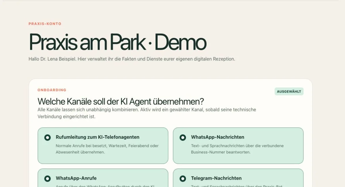 PraxisPing Praxiskonto mit Auswahl für Telefonagent, WhatsApp-Nachrichten, WhatsApp-Anrufe und Telegram